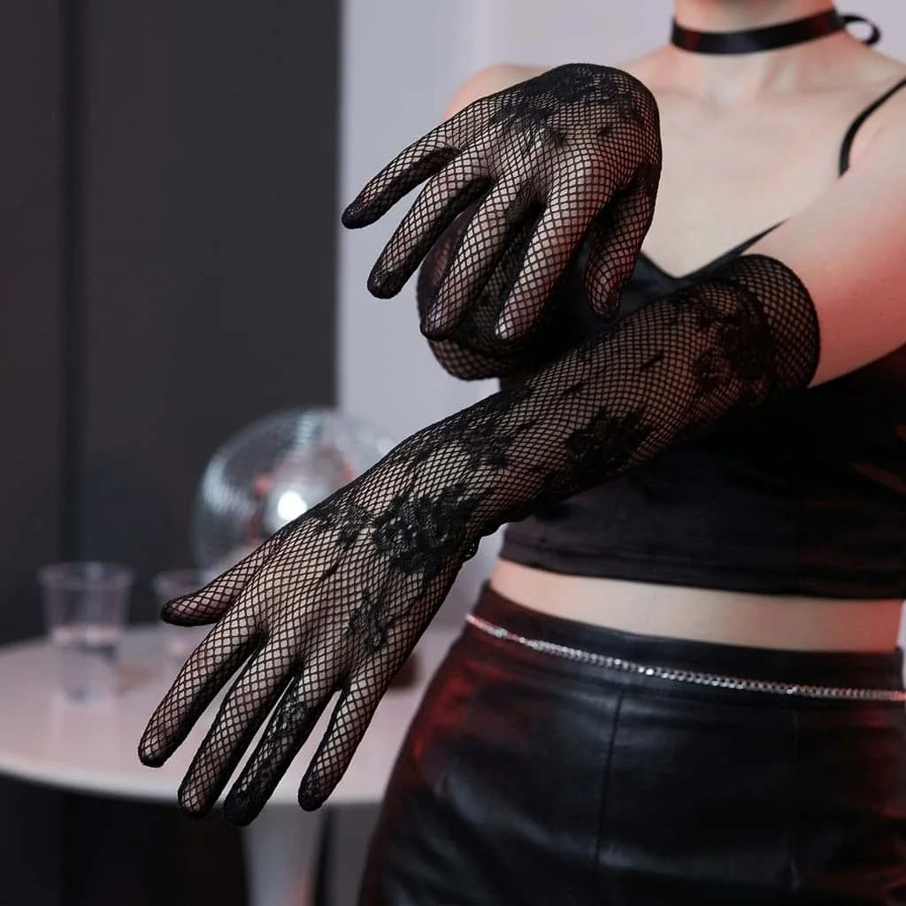 Moon Girl Y2K Sexy Black Floral Hollow Mesh Lace Long Gloves for Women, Sheer Thin Breathable Fashion Arm Cuffs, Hot Girl Accessories for Evening Dress, Party, Photoshoot and Y2K Streetwear Matching.