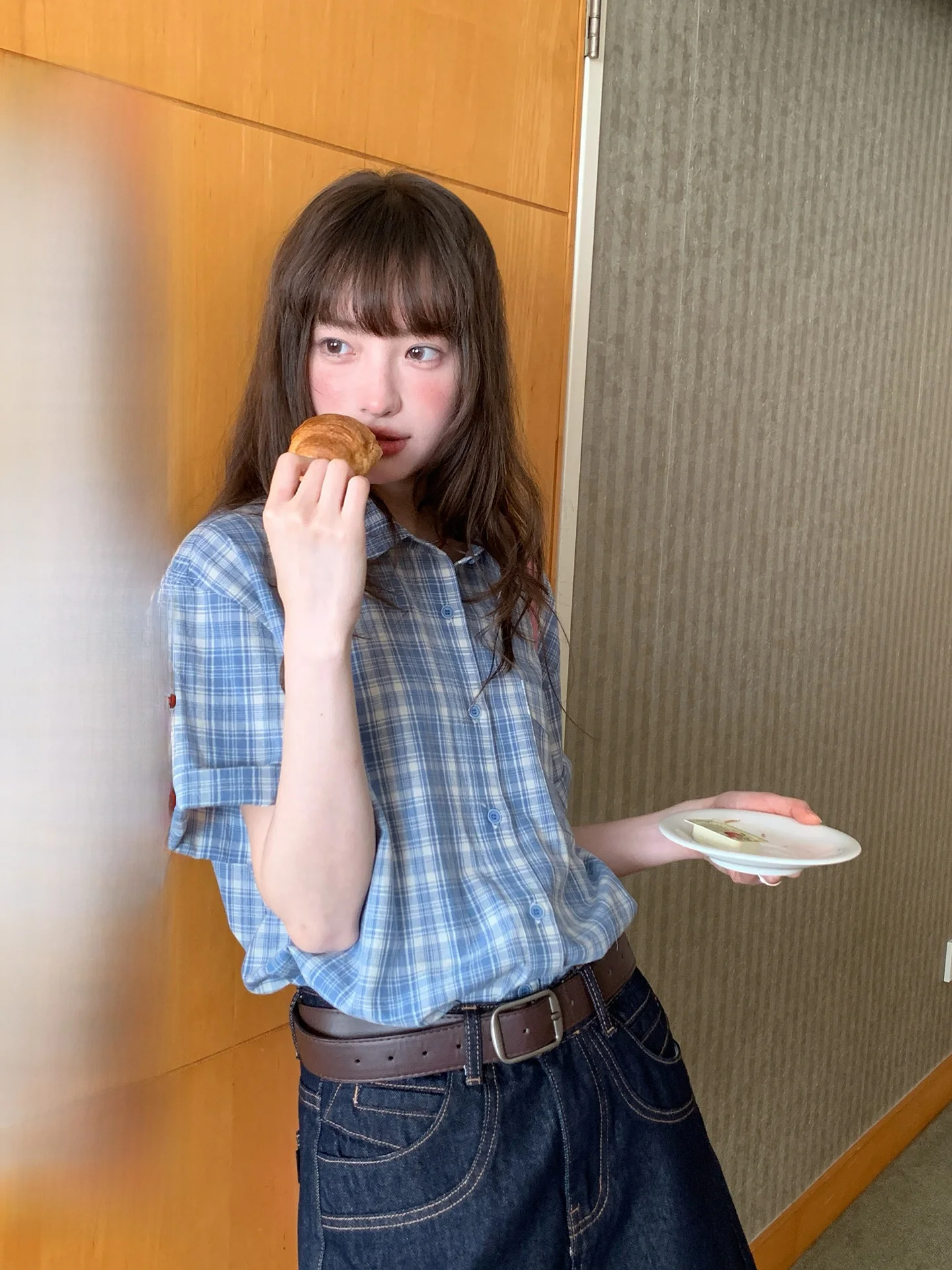 

Rainy Casual Loose Plaid ort Sve irt Women's Korean Sle Vintage Slim Fit Button up Casual Cheered Blouse