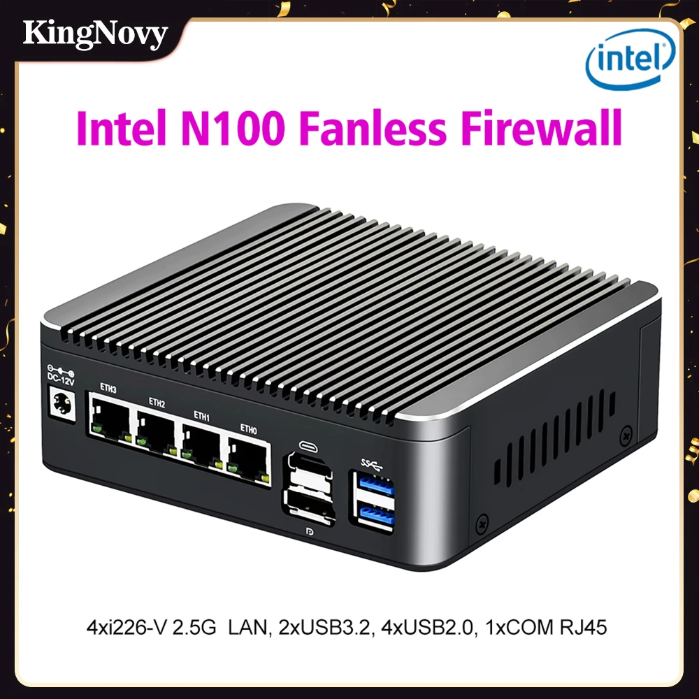 

12th Gen Intel N100 2.5G Soft Firewall Router 4x i226-V LAN 1*COM RJ45 Fanless Mini PC Computer Host Type-C pfSense PVE ESXi