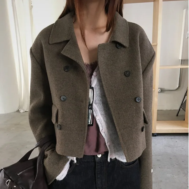 Retro Style Tweed Jacket Pure Color Short Flip-Collar Double-Breasted Slimming Coat for Young Women Online Exclusive