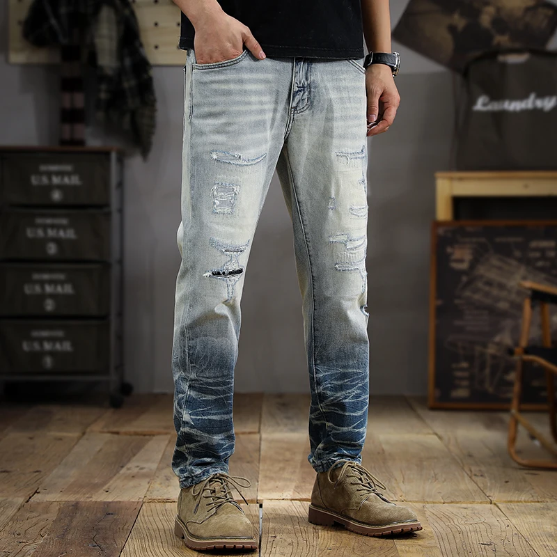 2024 New Men's American-Style Vintage Washed Distressed Jeans Men's Ripped Stretch Slim Straight Handsome Skinny Pants