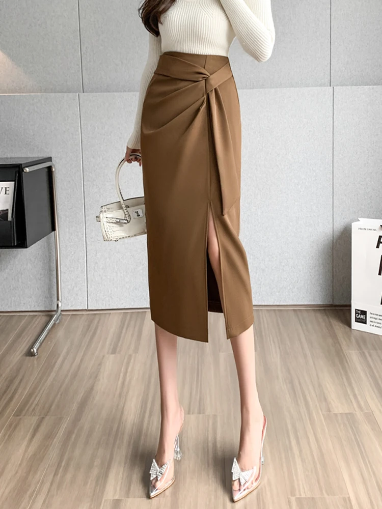 Gonna da abito asimmetrica a vita alta Gonna da donna primavera autunno Design Sense Cravatta a vita alta aderente Midi Gonna a un passo divisa