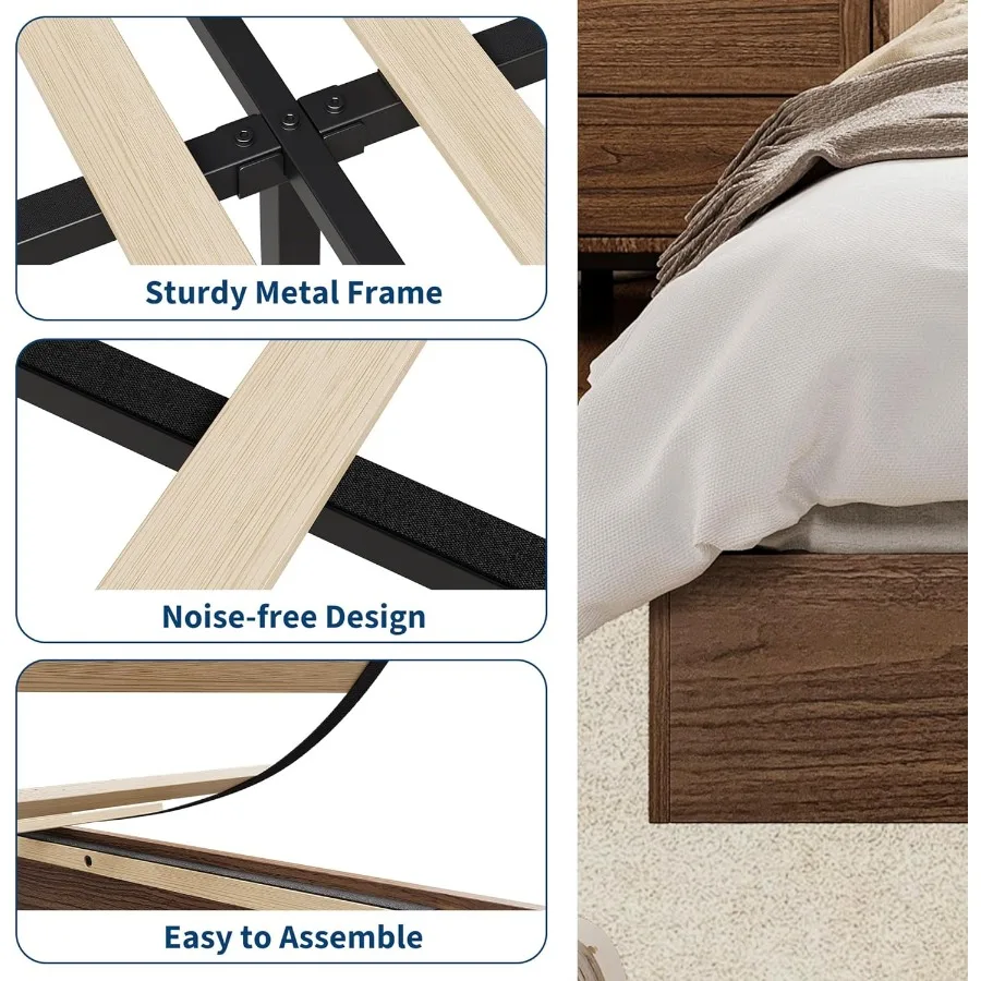 سرير بمنصة خشبية مع شرائح خشبية قوية، إطار سرير قائم على الأرض، تصميم حديث وبسيط، إطار سرير بدون صندوق زنبركي N