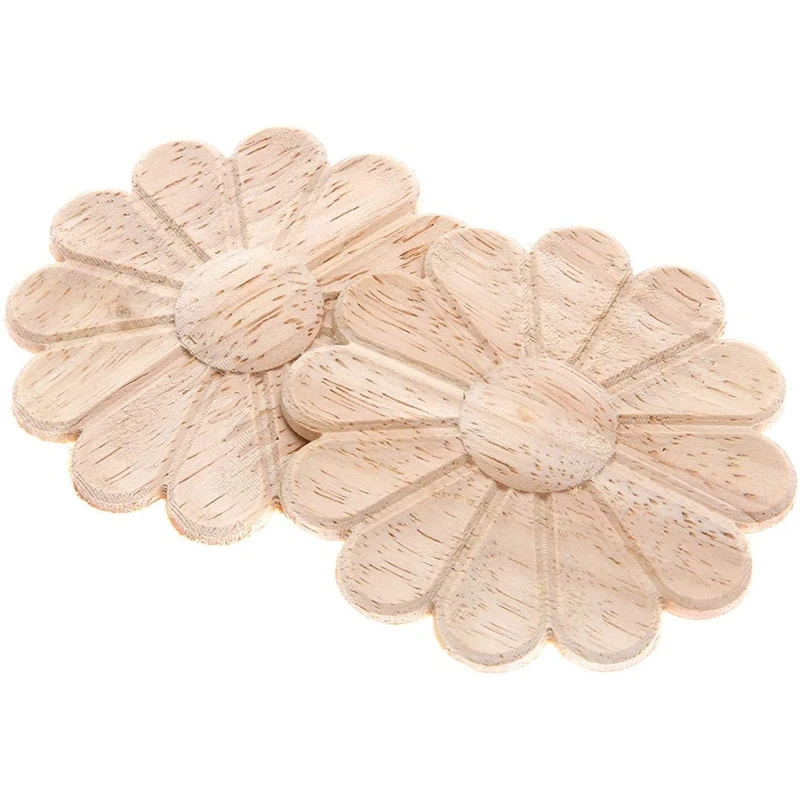 ABKO-10Pcs Unpainted Round Flower Pattern Wood Carved Applique Frame Onlay Cabinet Furniture Decoration 6Cm