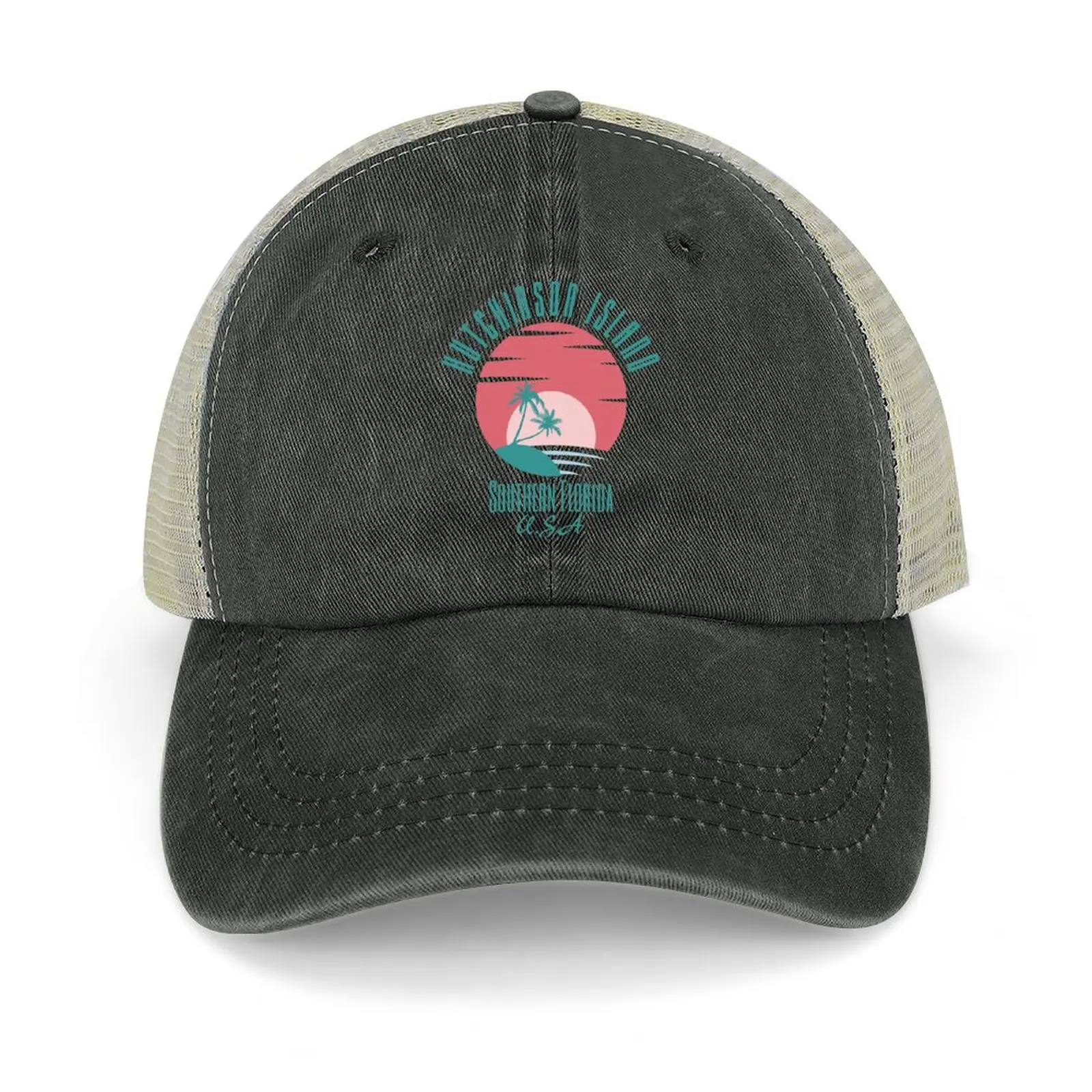 

Retro Eighties Hutchinson Island Southern Florida, Pastel Green Text- Vacation / Beach Baseball Cap