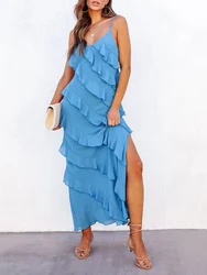 New Womens Evening Dress Solid Pleated Ruffle Embellished Sleeveless Sling Long Party Dress Skin Friendly Fashion Hot S-XL