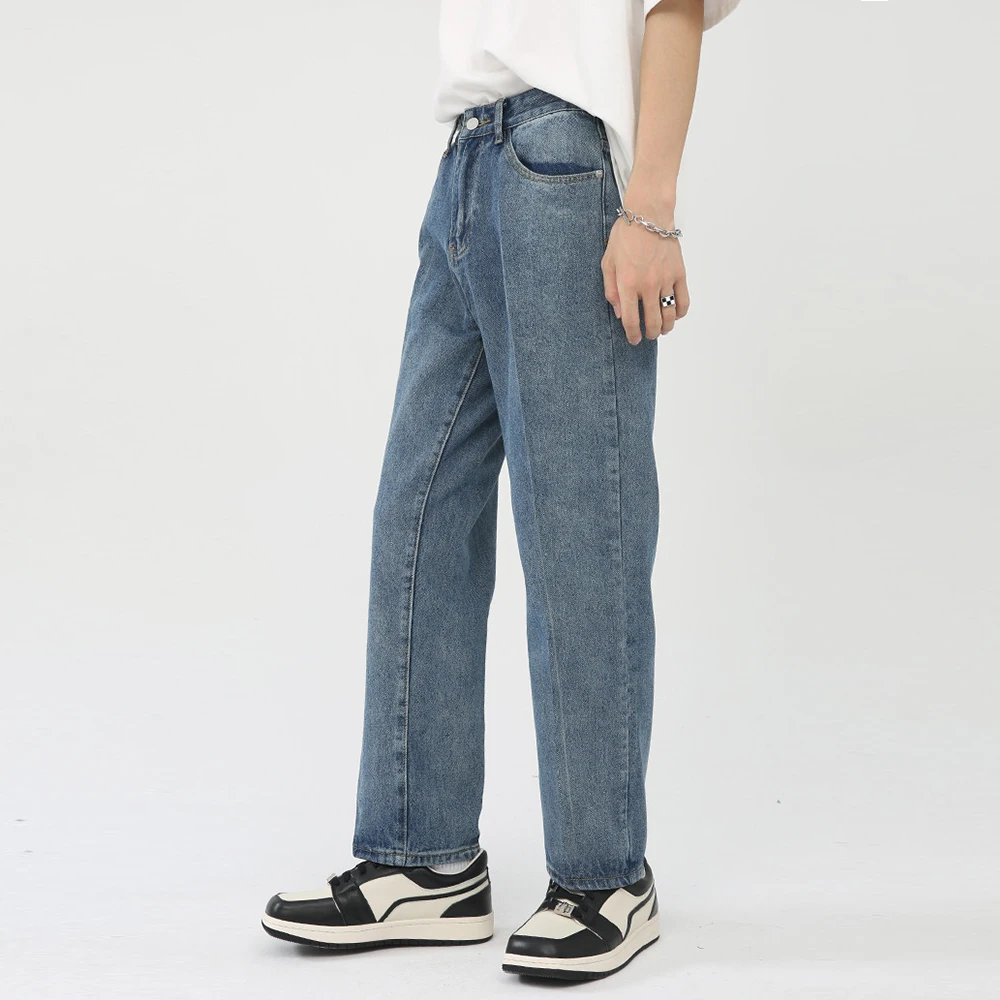 Koreanische Blau Port Stil Vintage Jeans für Männer Lose Gerade Casual Mode Cropped Hosen Hosen Männlichen