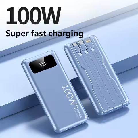 100W 20000mAh Ultra Fast Power Bank with Large Capacity Mobile Power Supply, Built-in 3-cable Lighting, Essential for Outdoor