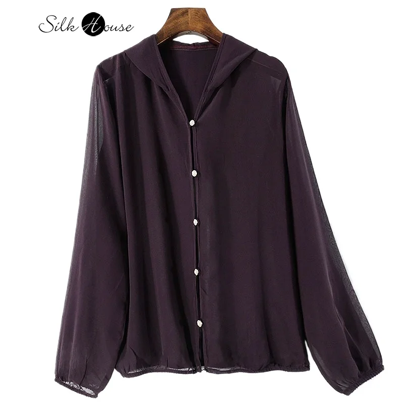 Mist Coffee Purple 100% Natural Mulberry Silk Georgette Women's Casual Hooded T-shirt Beach Long Sleeved Sunscreen Clothing