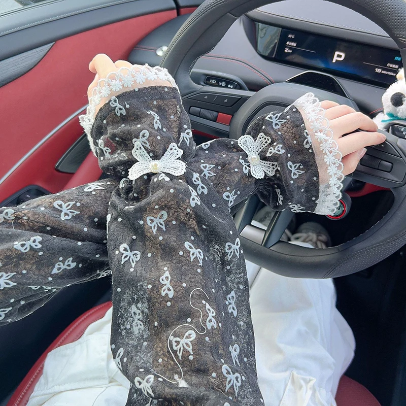 Sweet Bow Arm Sleeves,New Summer Lace Sun Protection Arm Covers,Outdoor Cycling&Driving UV Protection Ice Silk Oversleeve