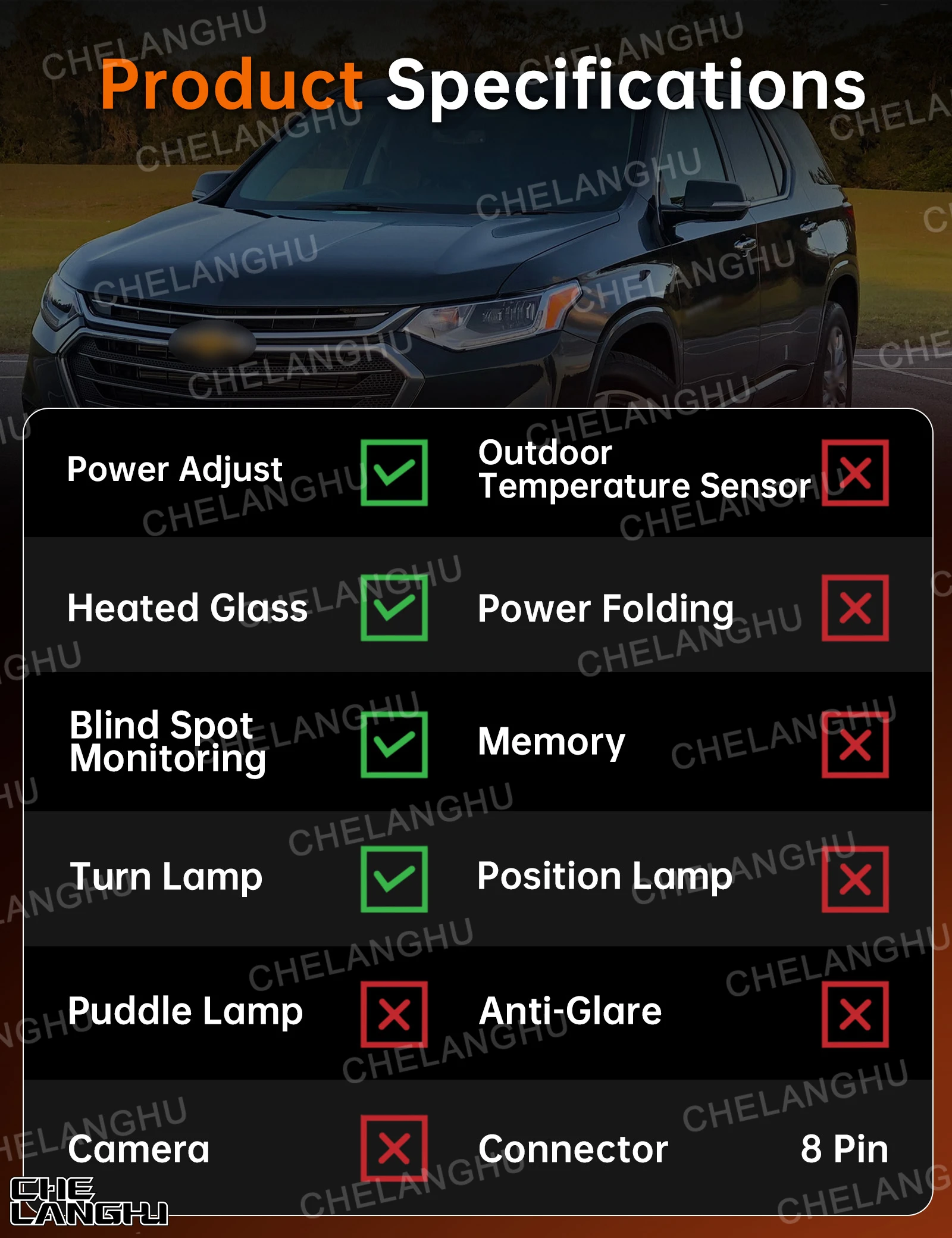 For Chevrolet Traverse 2018 2019 2020 2021 2022 2023 8 Pin Black Painted Blind Spot Mirror Assembly 84498306 84498311