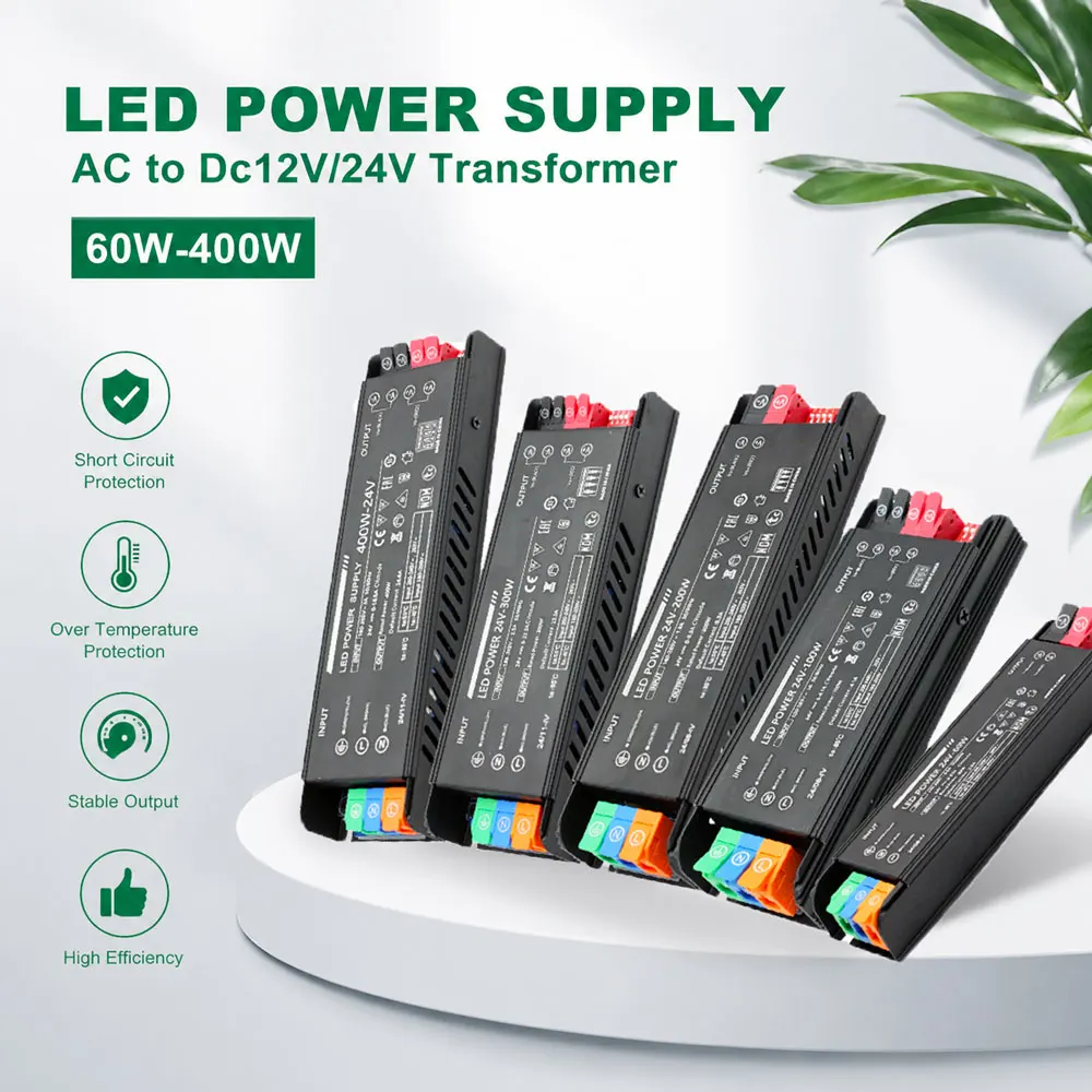 Lighting Transformer Slim AC 100-265V to DC 12V 24V 60W 100W 200W 300W 400W Power Adapter Adjustable Brightness  for LED Lights