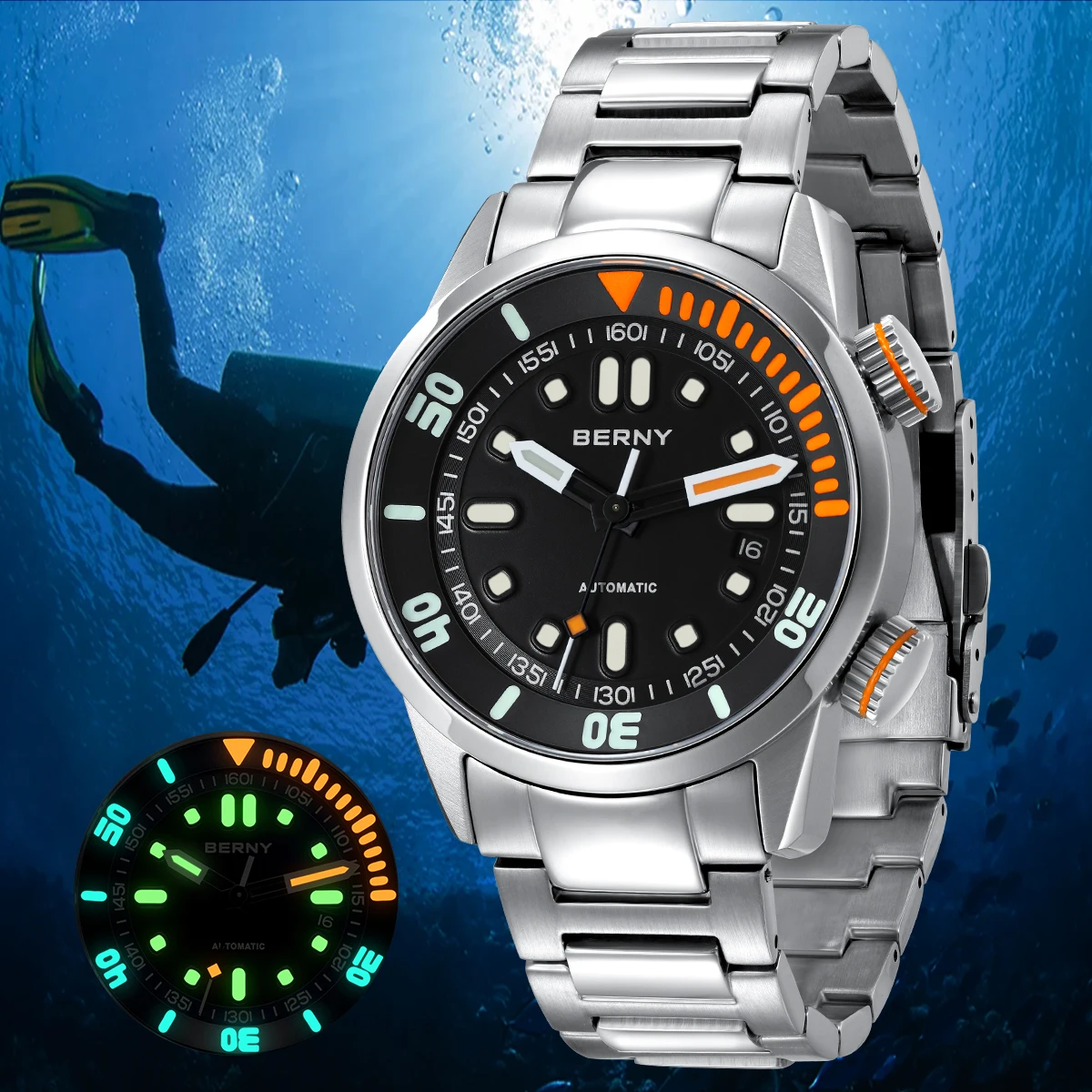 BERNY Automatic Dive Watch for Men Super Luminous Original Design 20ATM Man Wristwatch Sapphire Swim Sport Mechanical Male Watch