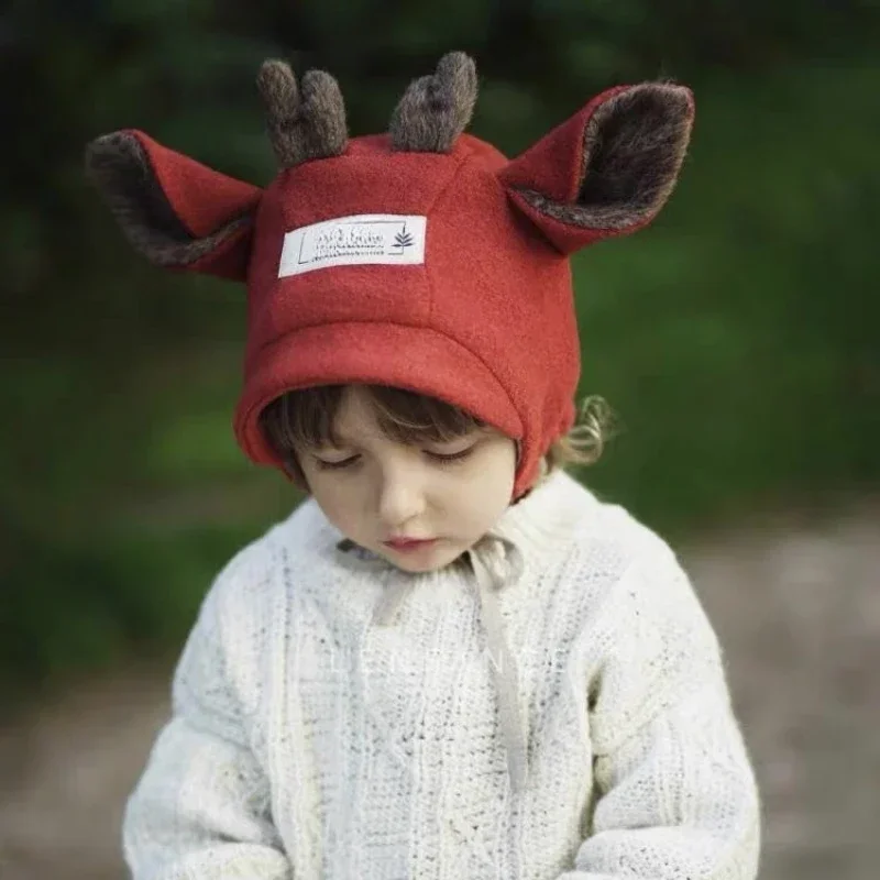 Winter Boy Girl Baby Lovely Warm Full Wool Cap  Fawn Bear\'s Ears Cartoon Animal Hooded Caps Child Lovely Frenulum Basin Caps