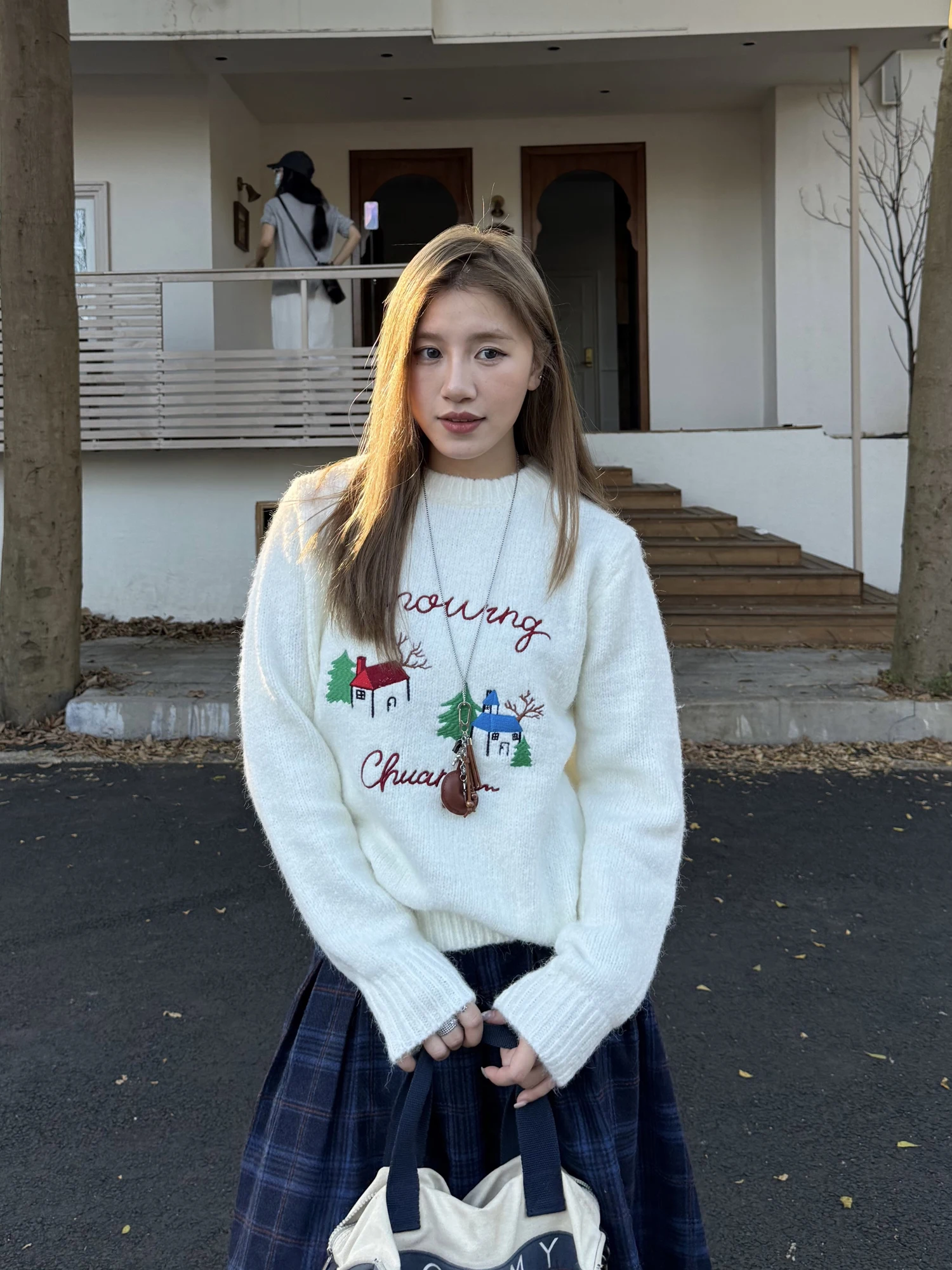 

Chuan Chuan Ya, американский ретро оригинальный круглый вязаный свитер с вышивкой Ne, длинный светящийся мужской осенний ленивый топ