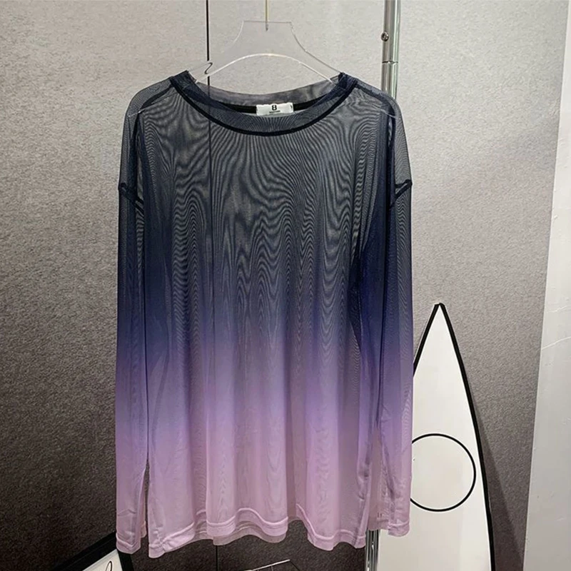 Women Summer Sexy See Through Mesh T-Shirt Punk Gradient Contrast Color Long Sleeve Blouse Round Neck Cover Up Loose Pullover