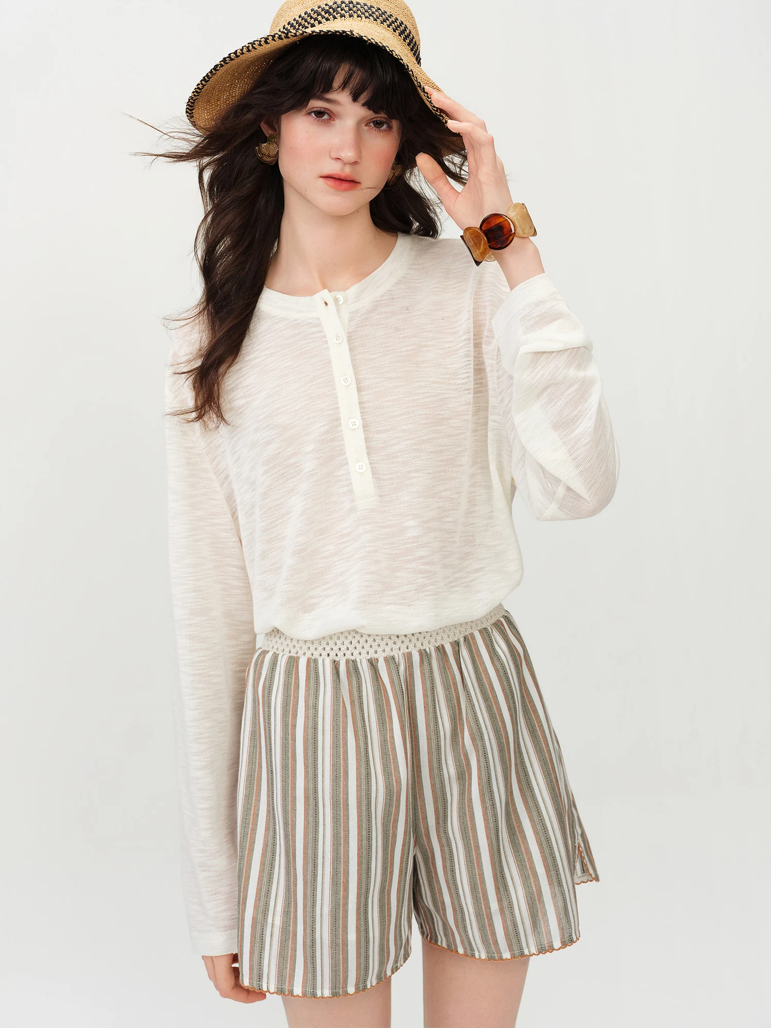 FSLE 2026 Summer Women's Lightweight Long Sleeve T-Shirt with Half Open Round Neck - Casual Cover-Up Top for Daily Outings