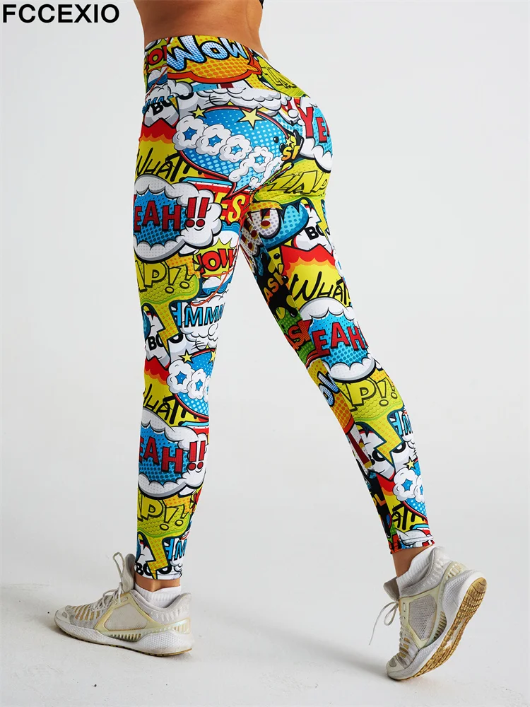 FCCEXIO Cartoon Sticker Letters Print Women Pants Push Up Running Sports Leggings Slim Pants Casual Trousers Fitness Sexy Leggin