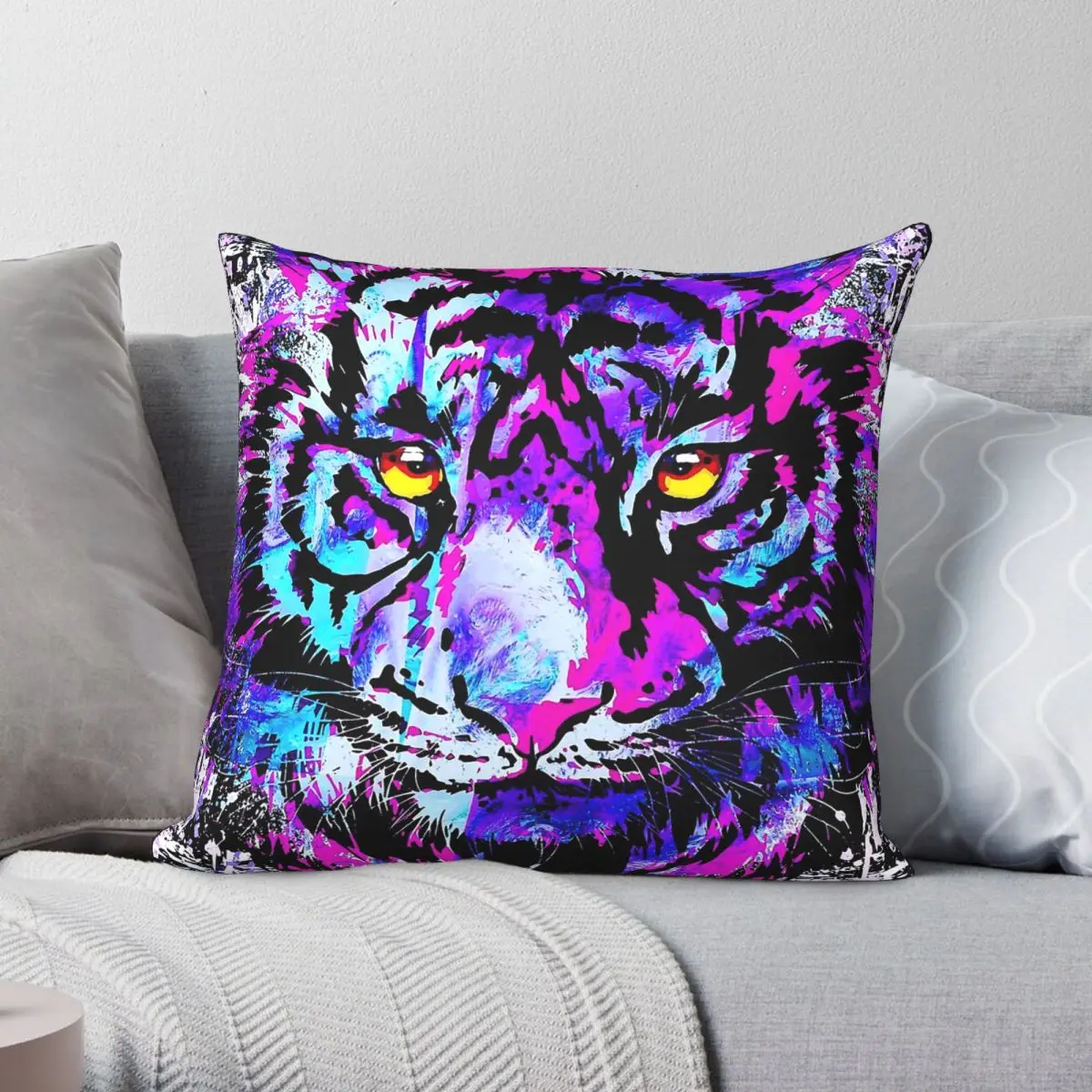 Purple Tiger Head Realistic Square Pillowcase Polyester Linen Velvet Pattern Zip Decorative Bed Cushion Cover 45x45
