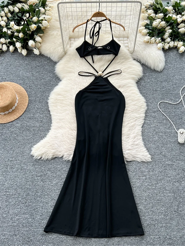 

SINGREINY Hollow Out Halter Sensual Long Dress 2025 Female Lace Up Bodycon Dress New Fashion Backless Club Women Sexy Dress