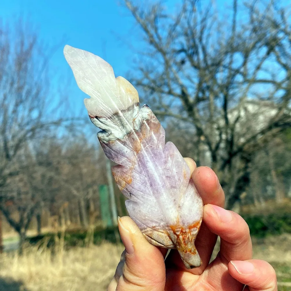 Natural Amethyst Agate Crystal Feather Figurine Halloween Tabletop Decoration Collectible Ornament for Home Office Decor Gift