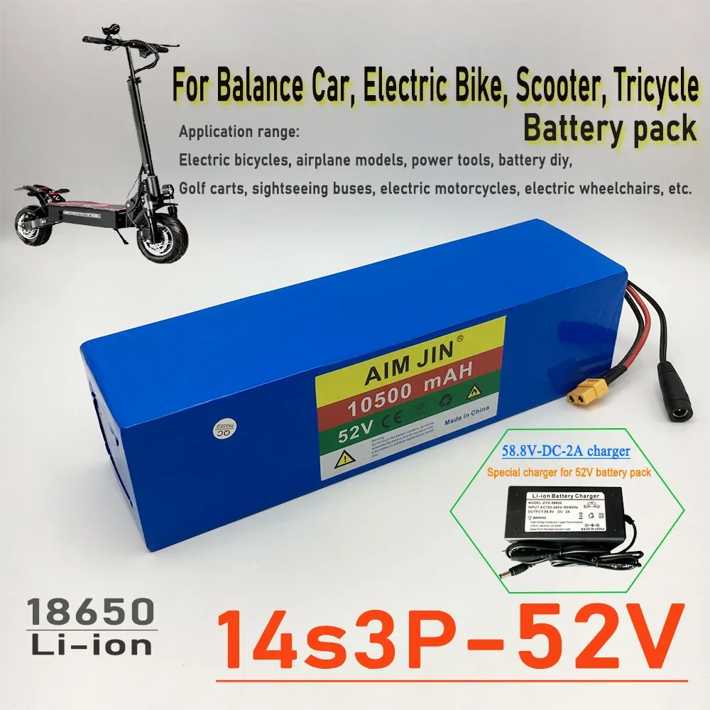 

For Electric Bicycles and Scooter 52V 14S3P Power Battery 18650 Rechargeable Lithium Battery Pack Actual Capacity 10500mAh 1000W
