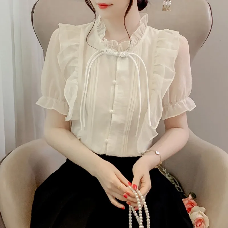 Ruffles Shirts and Blouses Korea Solid Elegant and Youth Woman Blouses Female Top Long Sleeve Chiffon Lace Autumn Clothes 2024