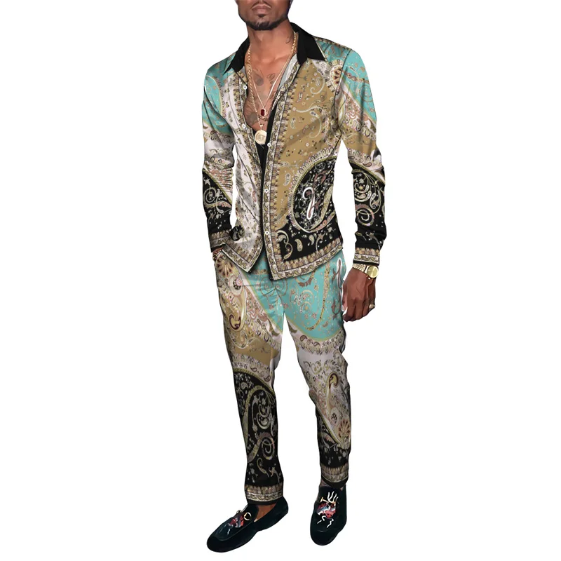 Retro Ethnic Floral Totem 3D Print Men Travel Casual Tracksuit Male Long Sleeves Lapel Button Cardigan Shirt Pants 2 Piece Sets