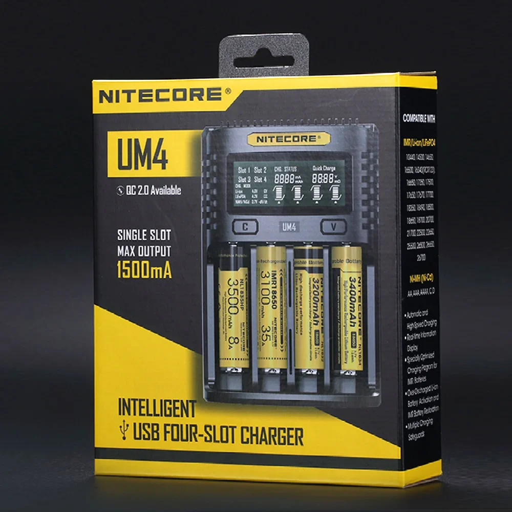 Nitecore UM4 ذكي USB 4 فتحة شاحن شاشة الكريستال السائل Ni-Cd Ni-MH ليثيوم أيون IMR 18650 بطارية أوتوماتيكية عالمية ماكس 3A الناتج