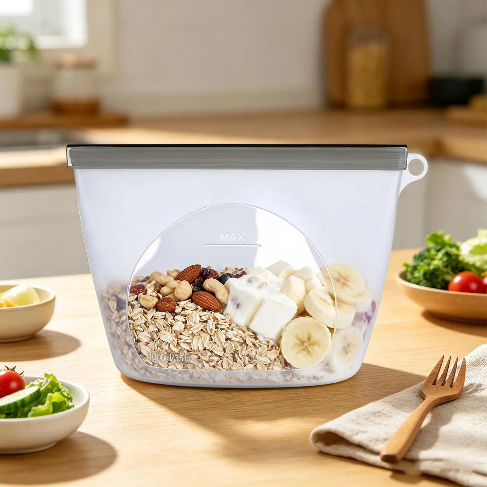 Silicone Bags For Food Storage 1000ml Leakproof Reusable Oven Safe Container Freezer Food Storage Bags For Snacks Vegetables