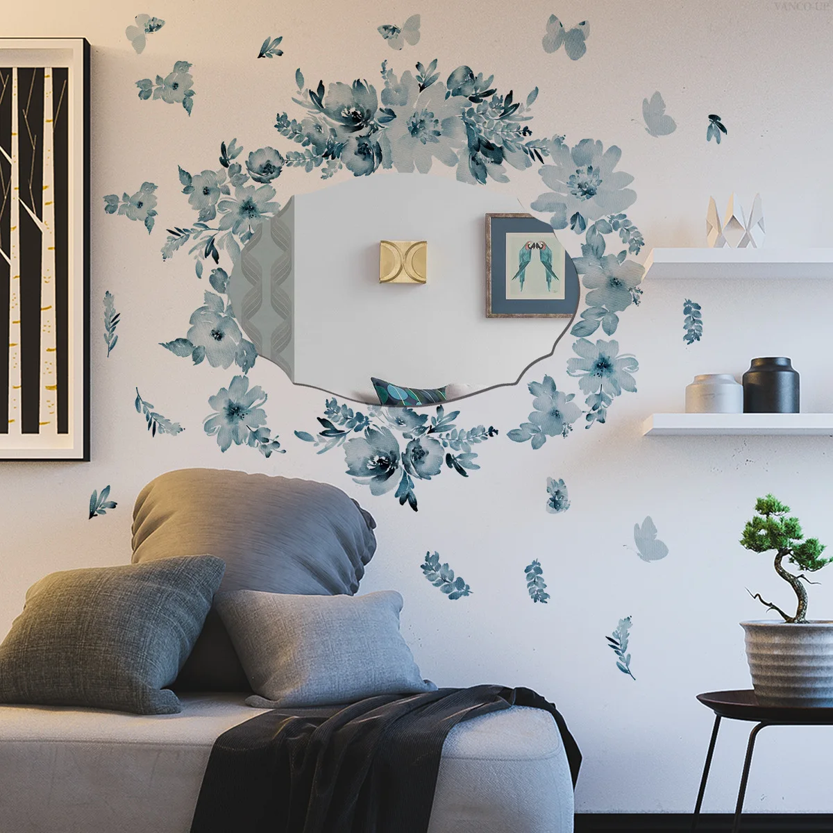 

JM7520 + M14637 dark green flower butterfly rhombus mirror sticker bedroom bathroom home background decoration sticker