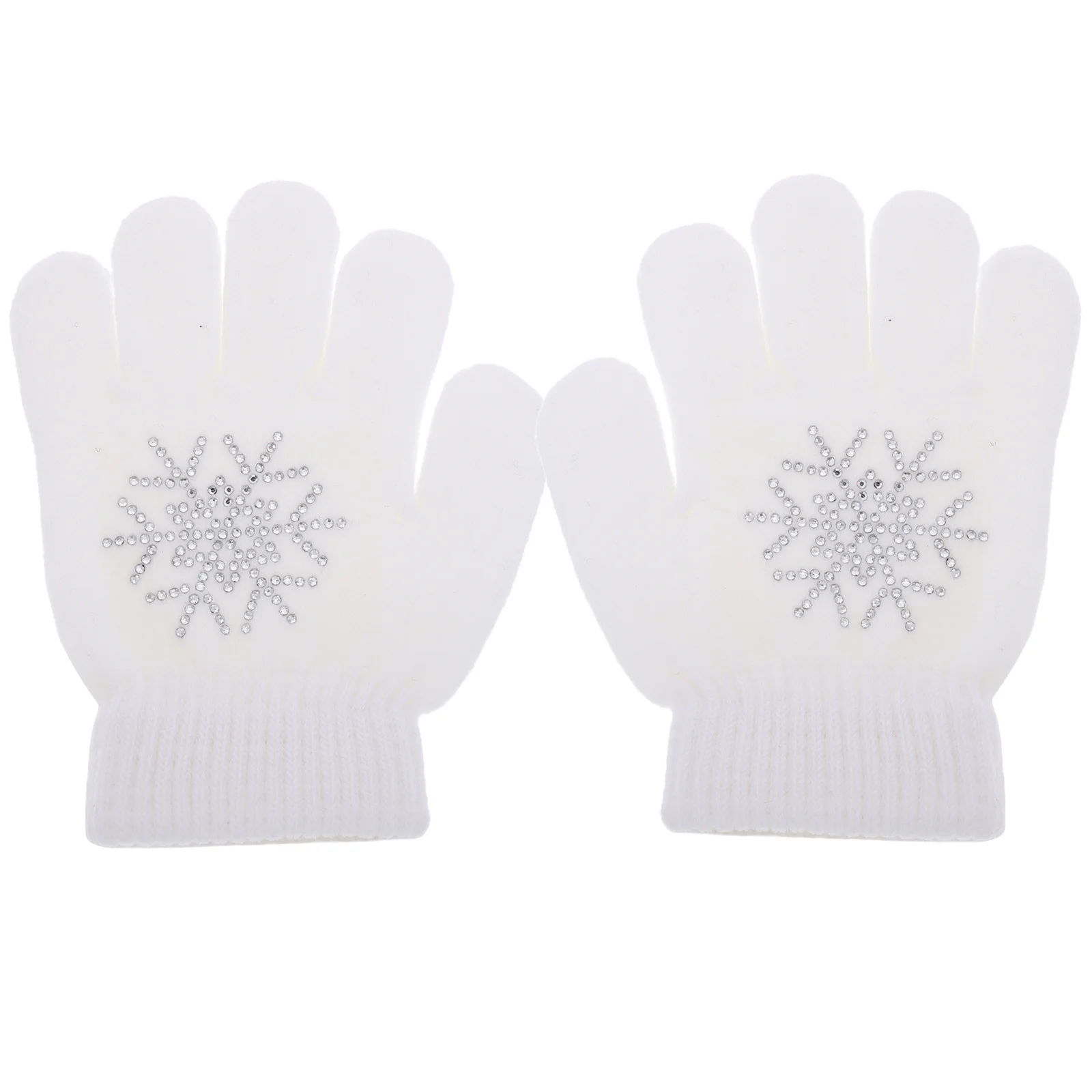 

Winter Ice Skating Gloves Snowflake Rhinestone Coating Nonstick Anti Slip Knit Design Protective Mittens for Kids White