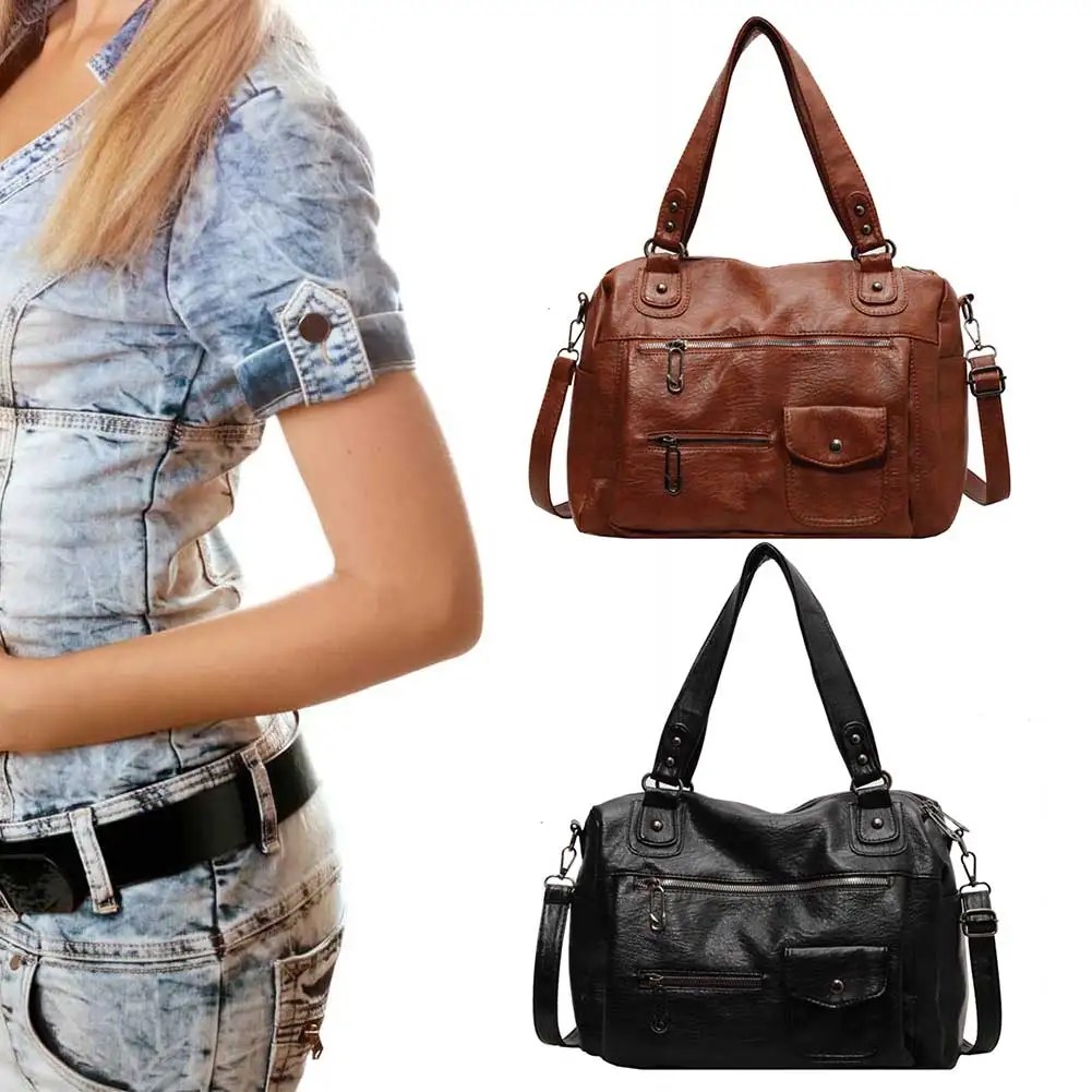 Women Casual Satchel Bag Solid Color PU Leather Stylish Tote Handbag Large Capacity Multi Pocket Tote Bag Shopping Bag