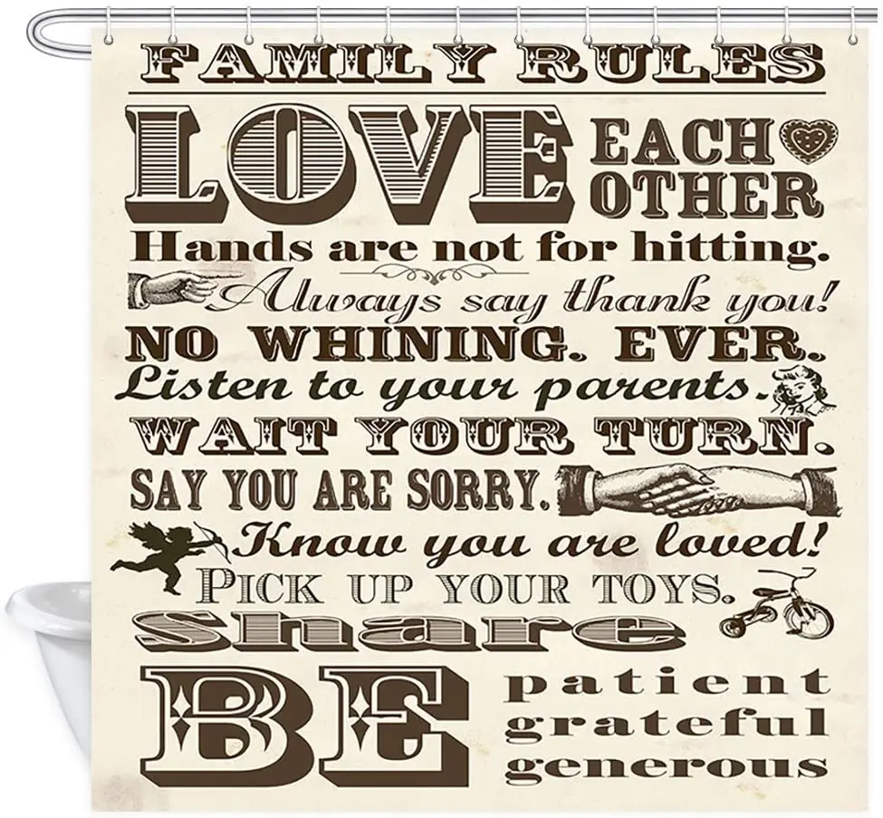 Family Rules Love Shower Curtain, Motivational and Inspirational Quotes for Love Each Other, Bathroom Curtains Decor Accessories