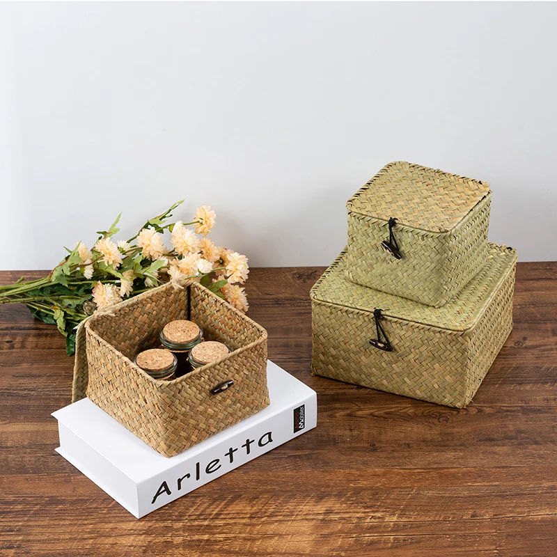 Handmade Seagrass Woven Storage Box with Lid Natural Seaweed Organizer Basket Sundry Bath Cosmetic Towel Desktop Container