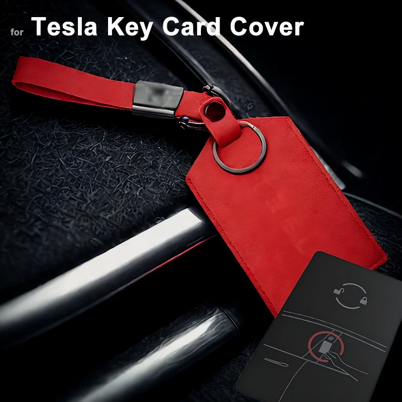 

Genuine Leather Tesla Key Card Cover Case Protector - Shockproof & Drop Proof, Compatible with Model 3/Y/S/X Key Card, Black/Red