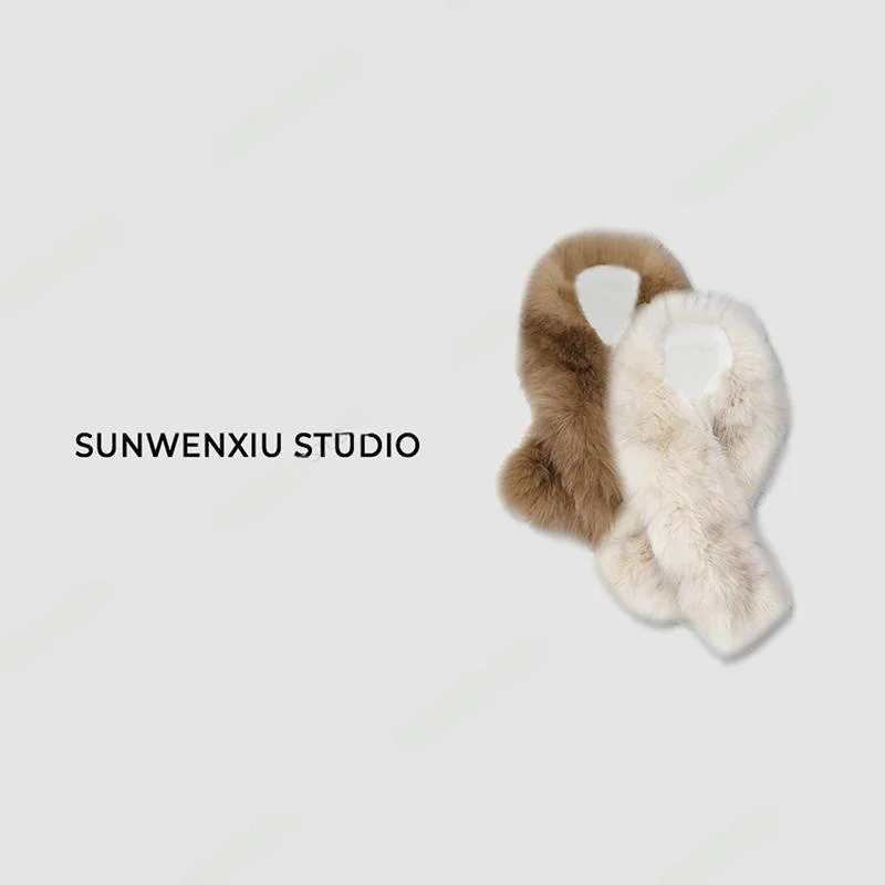 Warm  Fur Collar Scarf for Autumn And Winter Luxury Lady Sle Woolen Strip Scarf by Sun Wenxiu Studio Cozy Aosphere
