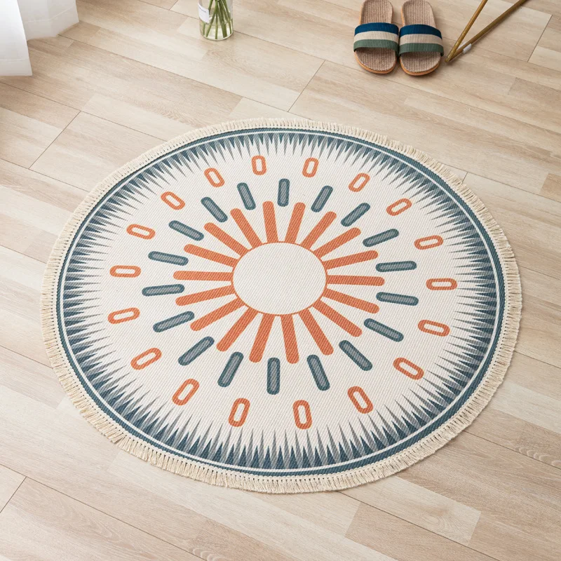 Nordic cotton hemp retro carpet round bedroom living room sofa tea table mat round carpet Hand woven Tassel weaving floor mat