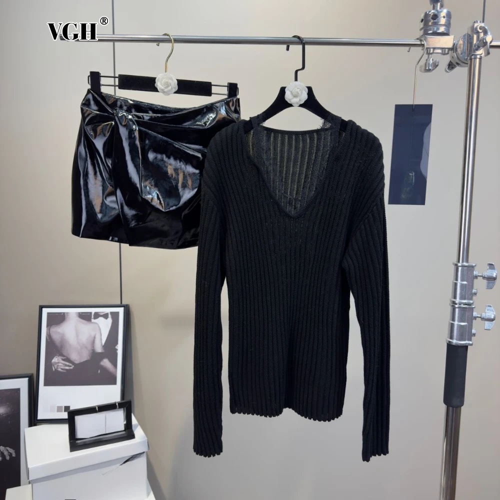 

VGH Solid Two Piece Set for Women V Neck Long Sleeve Slimming Sweater High Waist Patchwork Leather Skirt Temperament Suit Female