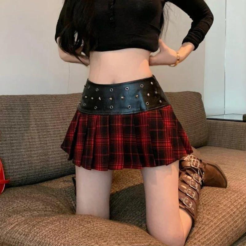 Vintage Plaid Leather Patchwork Skirt High Waist A-line Spice Girls Pleated Mujer Falda Slim All-match Y2k Goth New Falda