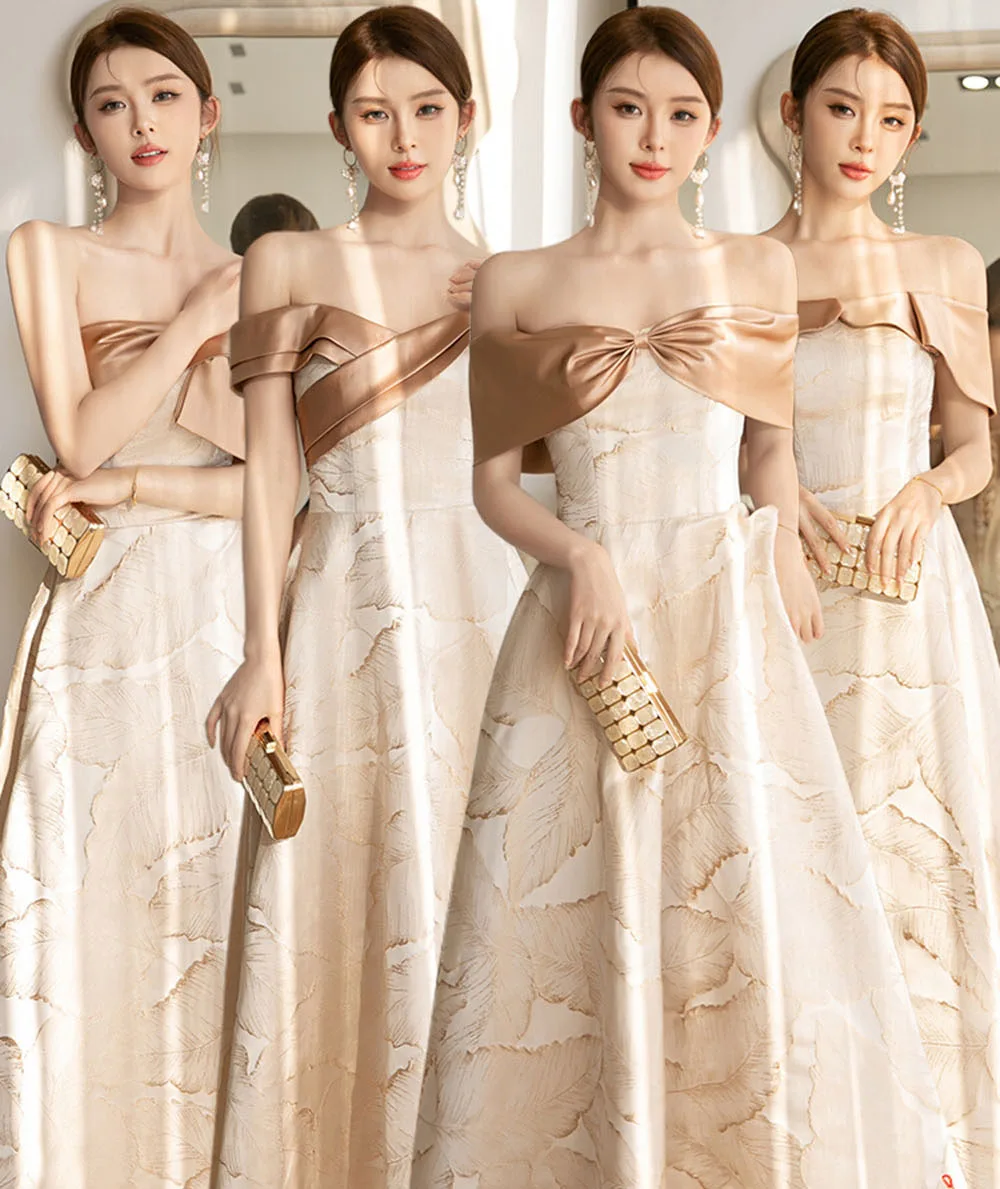 

Элегантное атласное платье подружки невесты цвета шампанского, новинка 2025, женское платье трапециевидной формы с воротником из ленты на плечах и текстурой листьев с принтом для свадебной вечеринки, Vestido