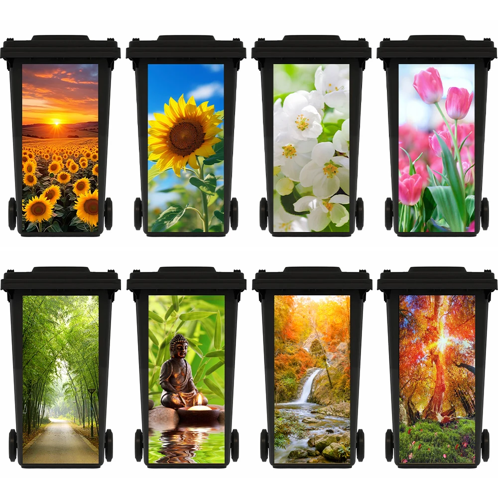 Beautiful Flowers Outdoor Wheeled Trash Can Sticker Decals Plants River Natural Ecological Scenery Wall Art Mural Garbage Decor