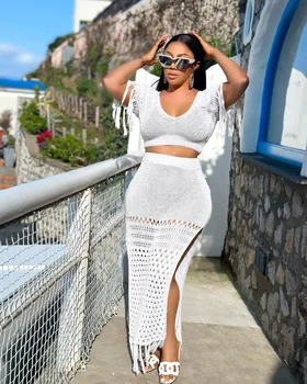 Sexy Dames Gebreide Franjes Set Zomer Top Met Korte Mouwen En Slanke Hoge Split Lange Rok Voor Dames 2-delige Outfits