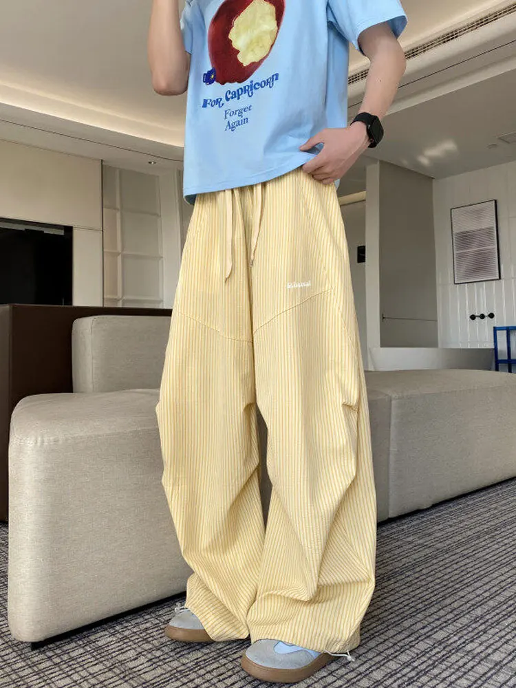 

Yellow Striped Pleated Casual Pants Men's American Lazy Sle Drape Cool Sport Trousers Loose Wide Leg Pants