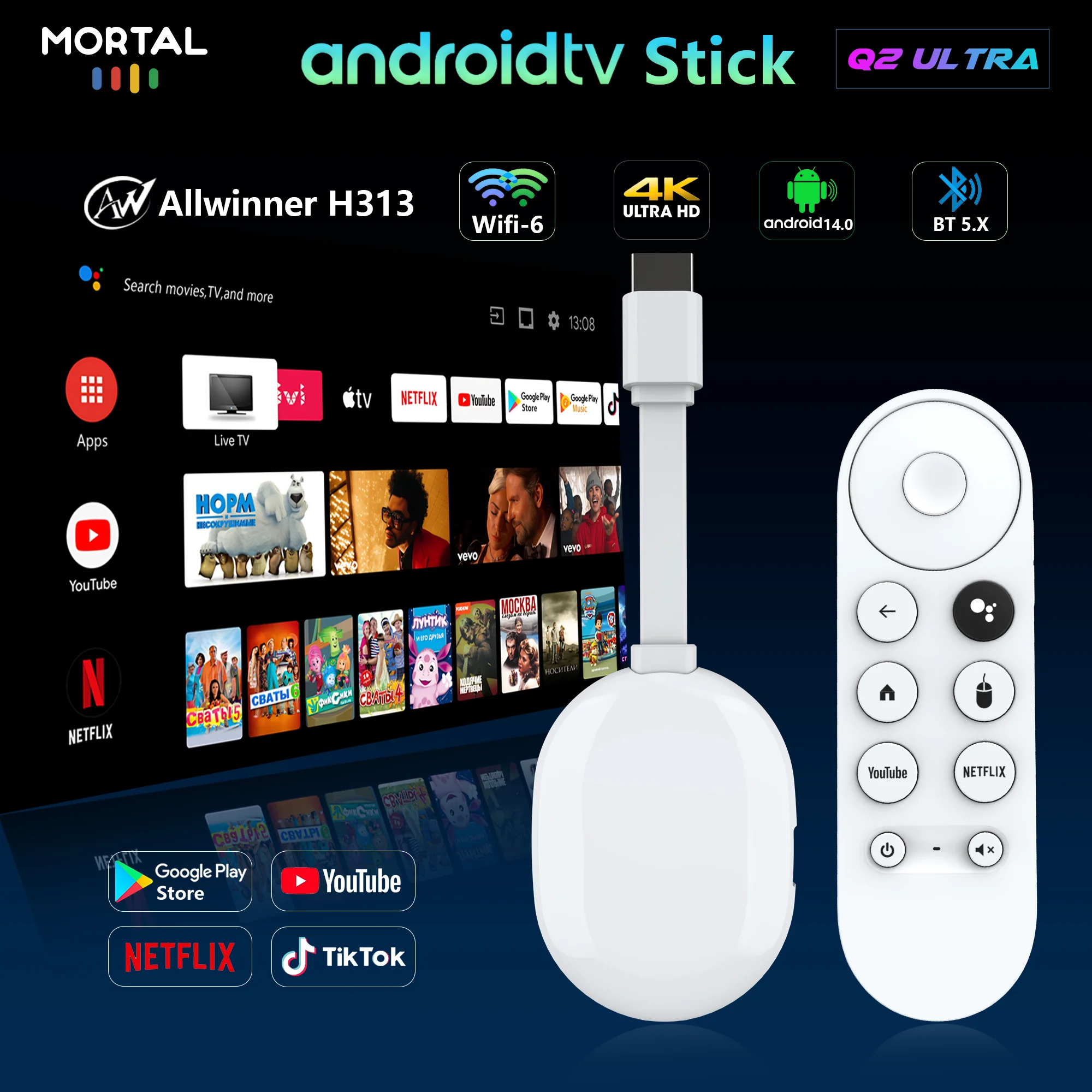 TV Stick Android 14 Q2 Ultra Allwinner H313 de cuatro núcleos, compatible con WiFi 6, decodificación de video 4K, 2 GB, 8 GB, 16 GB, YouTube, reproductor multimedia portátil