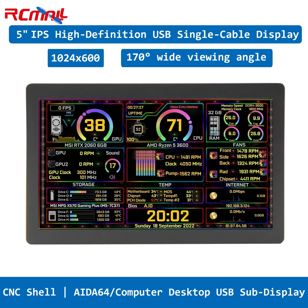 5 بوصة PC الفرعية عرض USB كابل واحد مع CNC قذيفة ل AIDA64/الكمبيوتر سطح المكتب لتقوم بها بنفسك الهيكل شاشة ثانوية Windows7/8/10/11