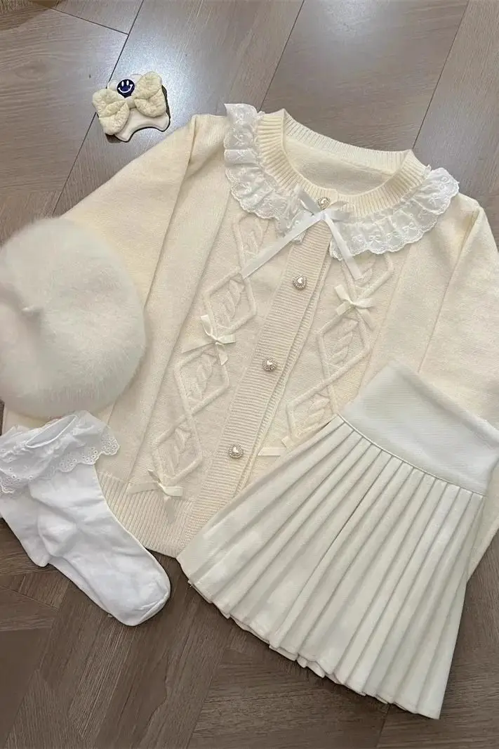 

2024 Winter Milkmaid Style Knit Set Chic Style Sweater & Pleated Skirt Women's Korean Drama Outfit Two Piece Cozy Luxe Suit