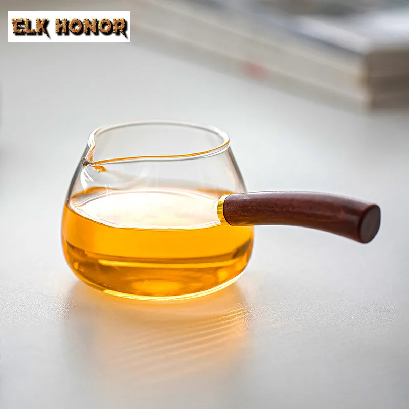

350ml Side Wooden Handle Glass Tea Pitcher Pour Tea Sharing Pot Cha Hai Dispenser Justice Cup Coffee Milk Fair Mug Cafe Supplies