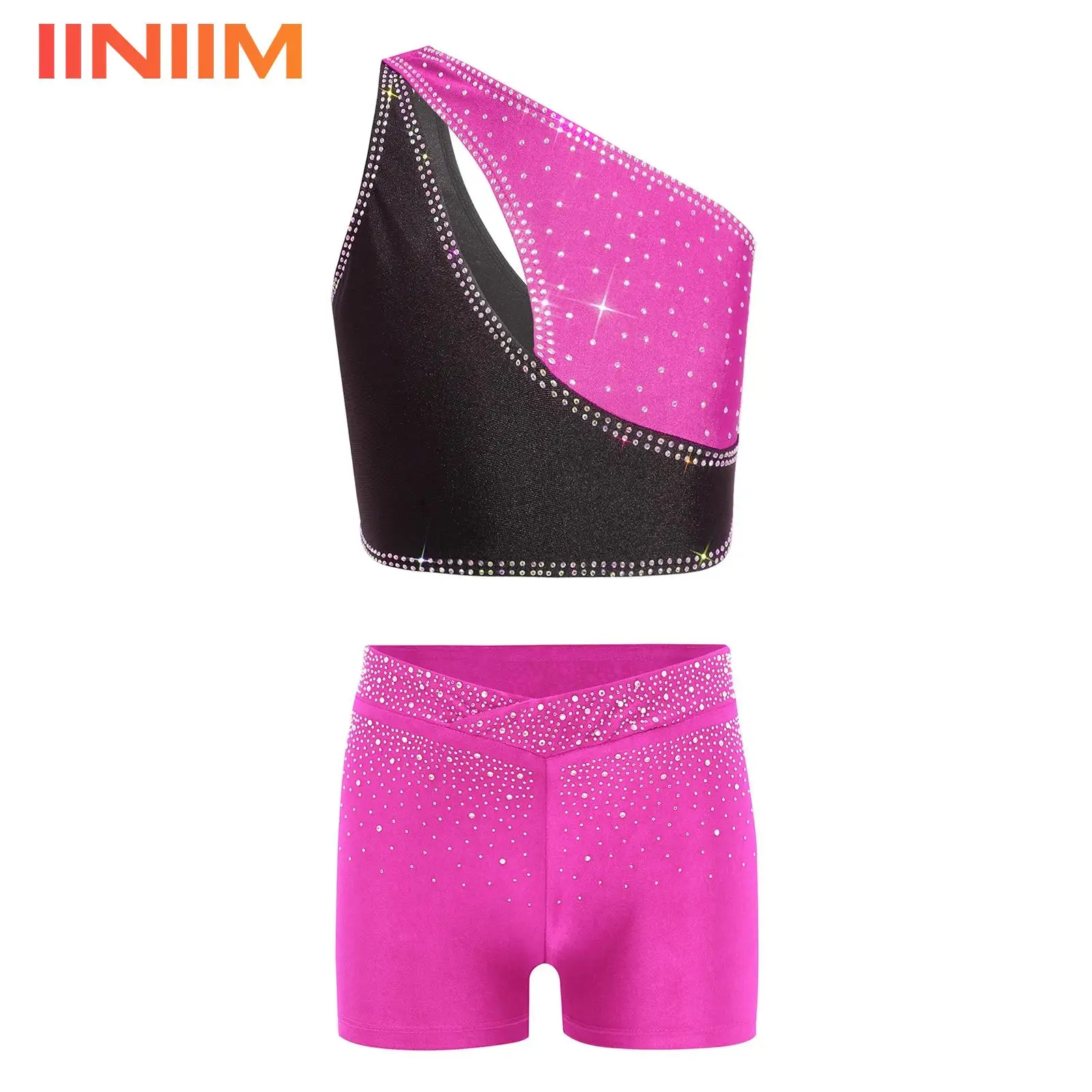 

Детский костюм для балета и танцев, гимнастический купальник, костюм для фигурного катания, топ с вырезом и блестящими стразами, с шортами