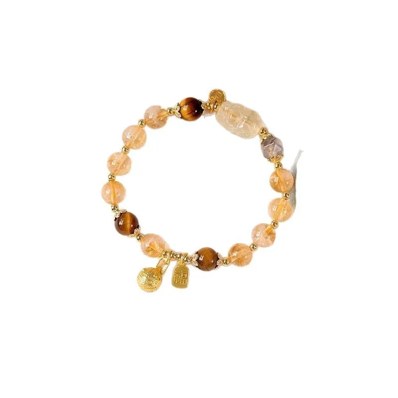 Chinese Feng Shui 8mm Natural Citrine Tiger Eye Stone Carved Pixiu Bracelet For Women Lucky Wealth Blessing Good Fortune Spiritu